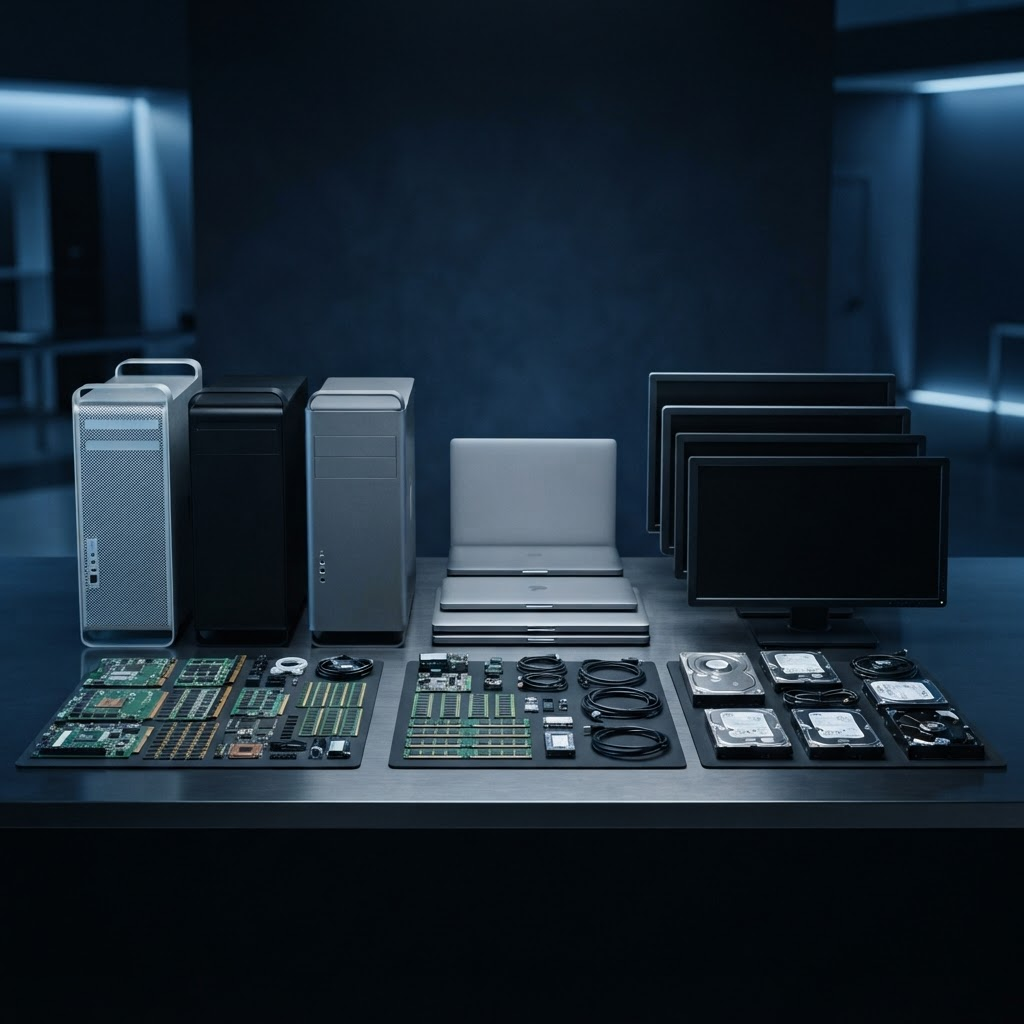 Composição de computadores, monitores, notebooks e placas eletrônicas organizados para reciclagem